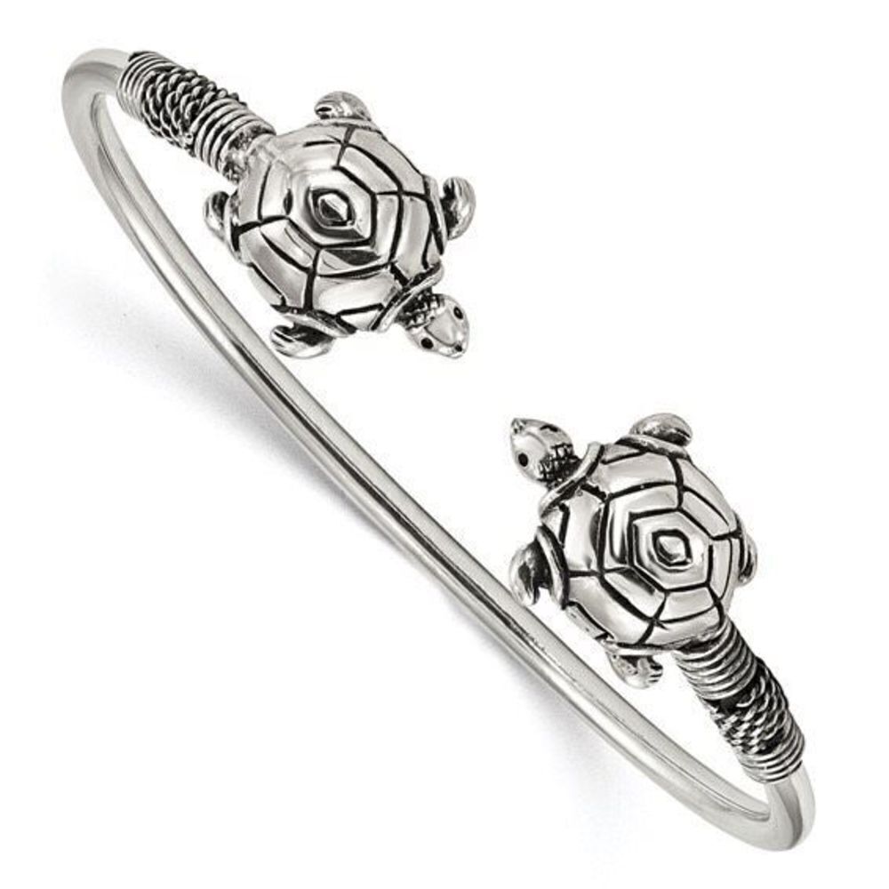 Sterling Silver Polished Antiqued Turtle Flexible Bangle